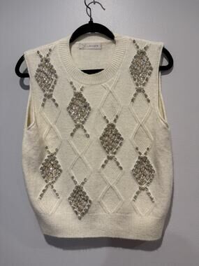 Italian Brand Lamiar Cream Ivory Embellished Sweater Vest Argyle One Size Preppy